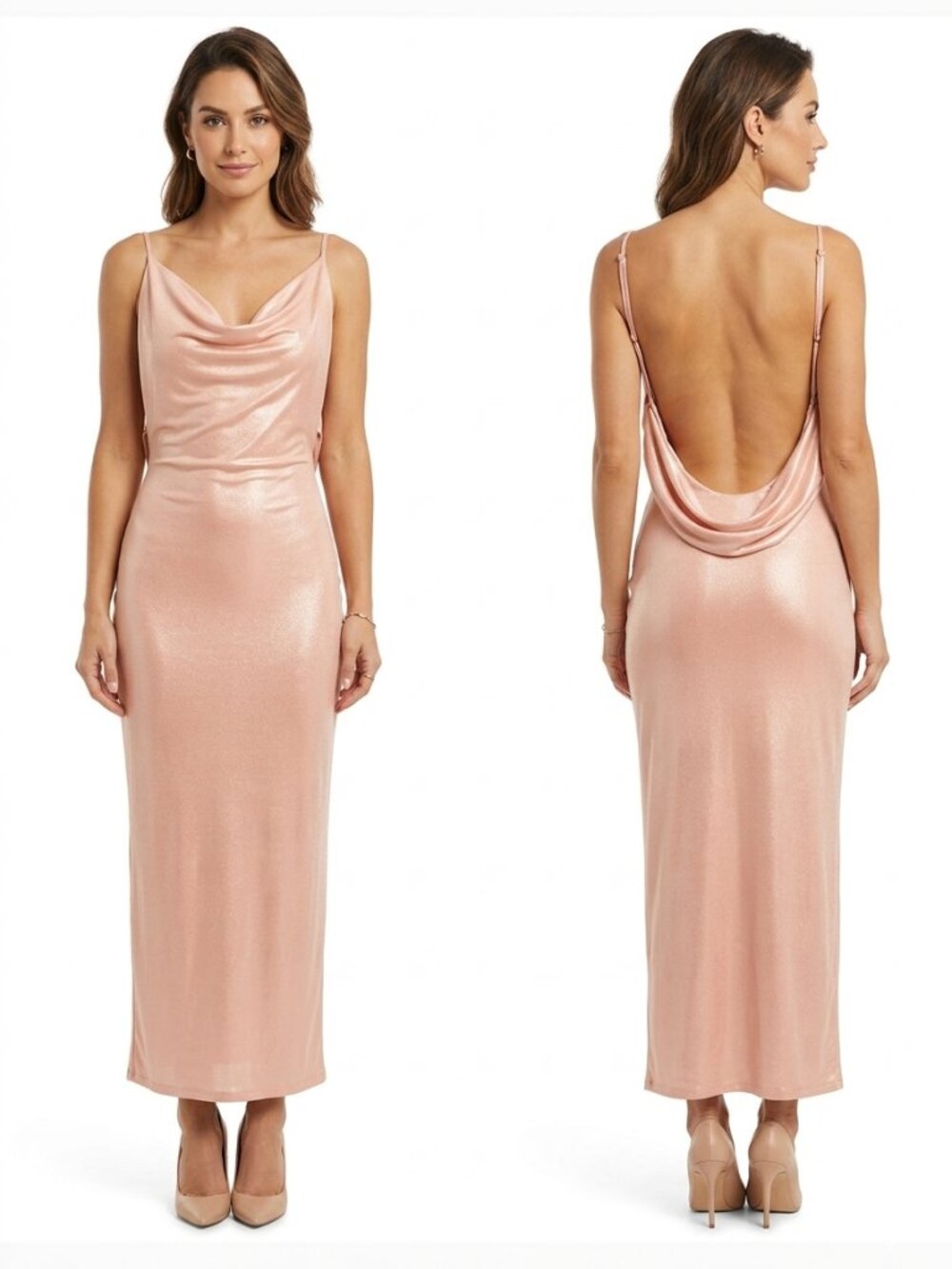 HOUSE OF CB LEONETTA METALLIC PINK COWL NECK OPEN BACK EVENING FORMAL DRESS - S